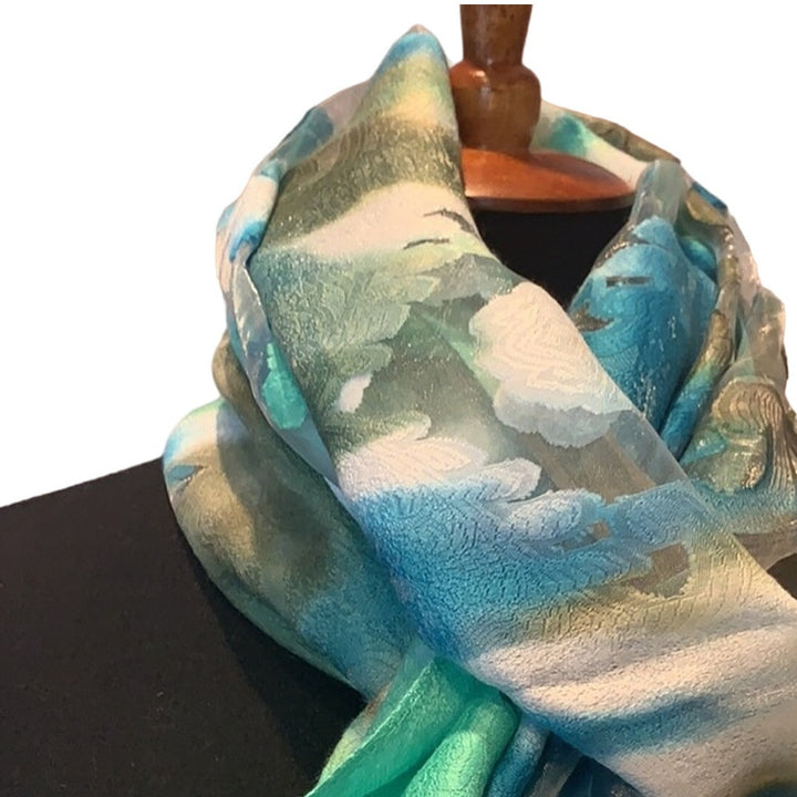 New Long Sheer Blue Green Watercolor Lightweight Fashion Scarf Wrap