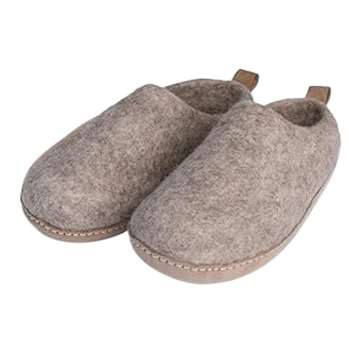 HS Womens 8.5 Gray Natural Organic Wool, Genuine Leather Sole Handmade Slippers