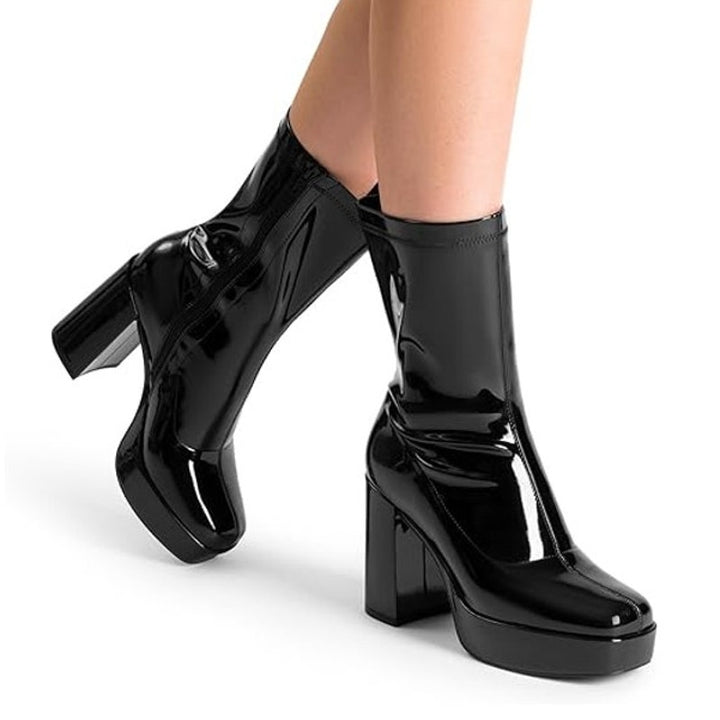 Dream Pairs Womens Size 11 Black Patent Leather 4" Block Heel Zip Ankle Boots