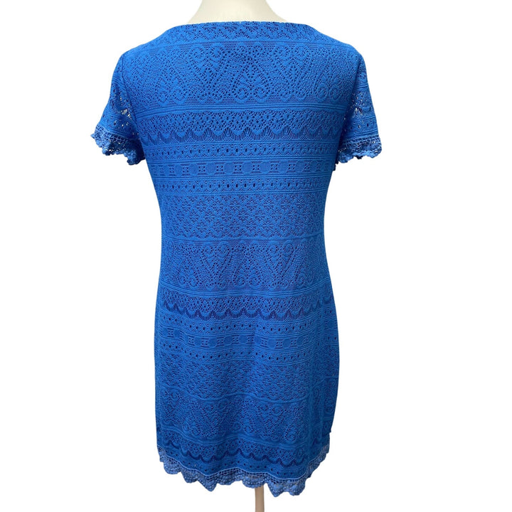 London Times Size 6 Short Sleeve Blue Lacy Fully Lined Scoop Neck Sheath Dress