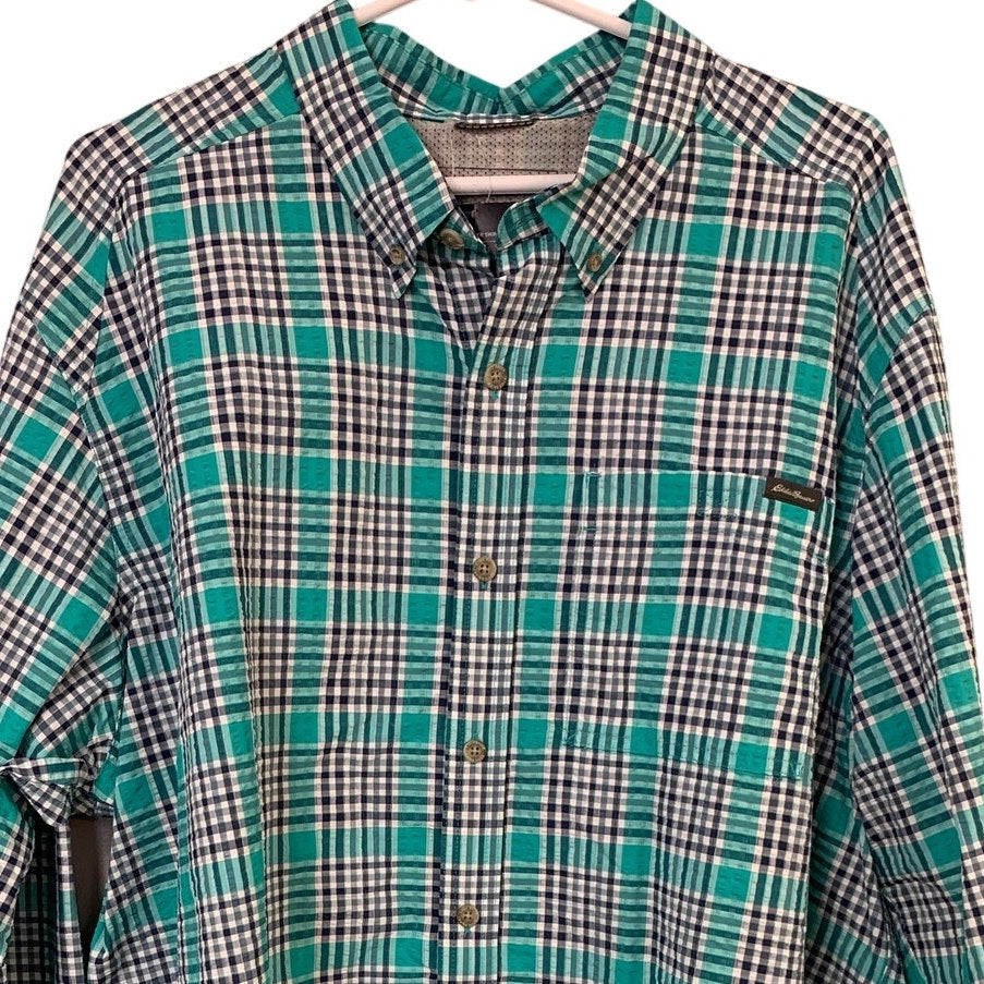 New Eddie Bauer Mens 2XL Aqua Blue Plaid Classic Long Sleeve Pack It Tech Shirt