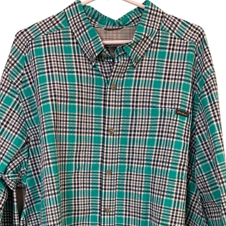 New Eddie Bauer Mens 2XL Aqua Blue Plaid Classic Long Sleeve Pack It Tech Shirt