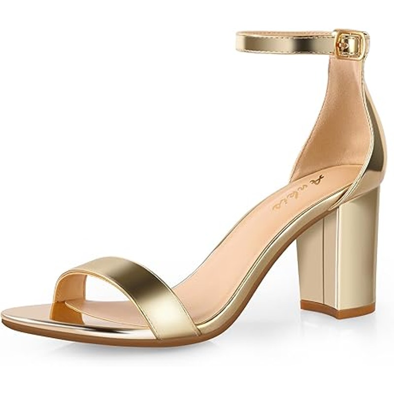 Ankis Womens Size 6.5 Gold Chunky Heel Open Toe Ankle Strap 2.75" Sandals Shoes