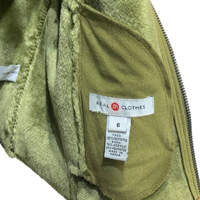 Real Clothes Size 6 Olive Green Super Soft Faux Fur Suede Full Zip Vest Jacket