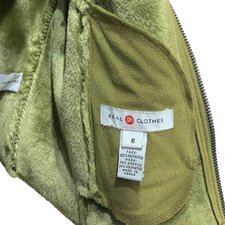 Real Clothes Size 6 Olive Green Super Soft Faux Fur Suede Full Zip Vest Jacket