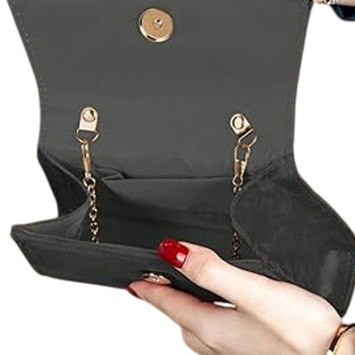 New Womens Black Faux Suede Silver Rhinestone Bow Optional Chain Evening Bag