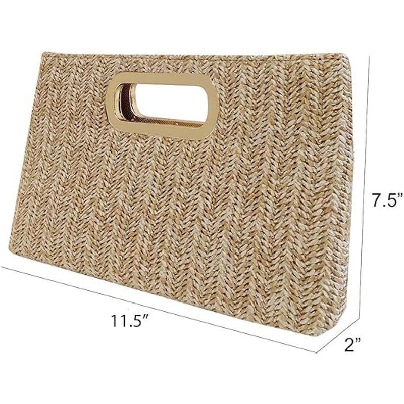 New Tan Gold Accent Optional Chain Top Handle Straw Clutch Purse Handbag Bag