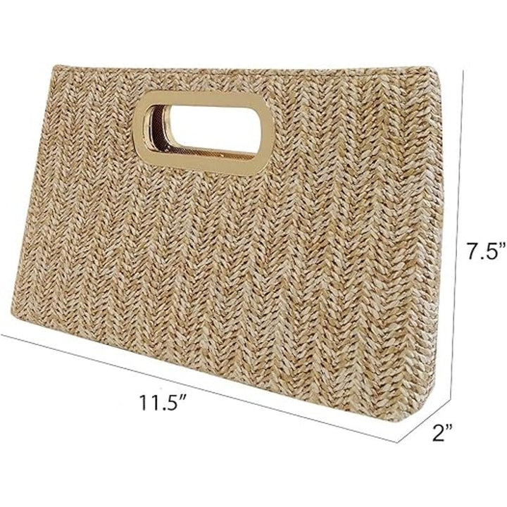 New Tan Gold Accent Optional Chain Top Handle Straw Clutch Purse Handbag Bag