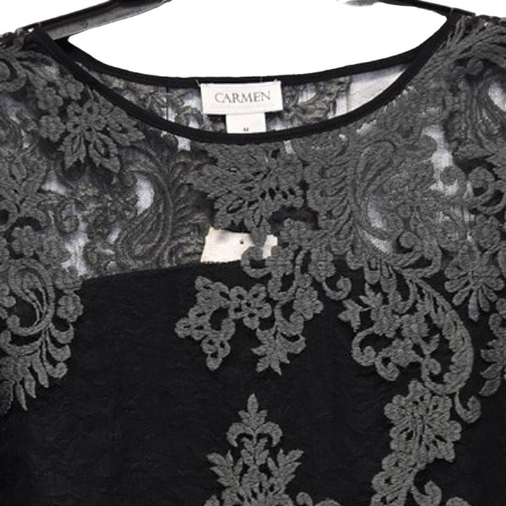 New Carmen Marc Valvo Womens Medium Nylon Lace Overlay Half Bell Sleeve Blouse
