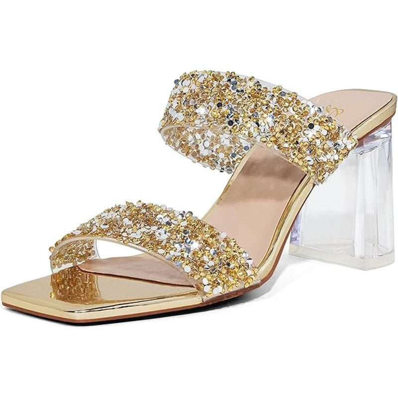 Genshuo Womens Size 9 Gold Silver Sparkle Clear 3.5" Heel Silde On OpenToe Shoes
