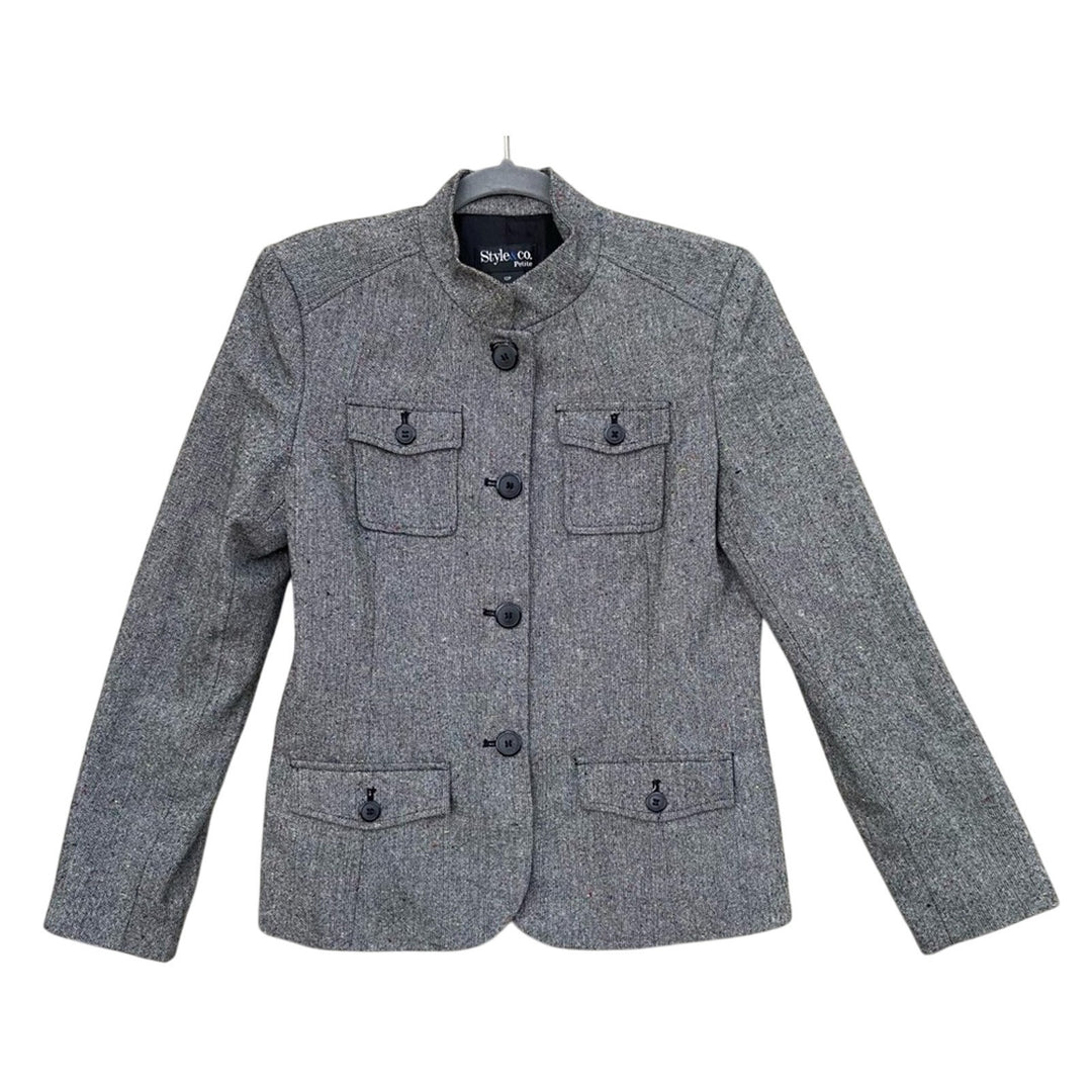 Style &amp; Co. Womens Size 12 Petite Gray Speckled Long Sleeve Button Up Jacket