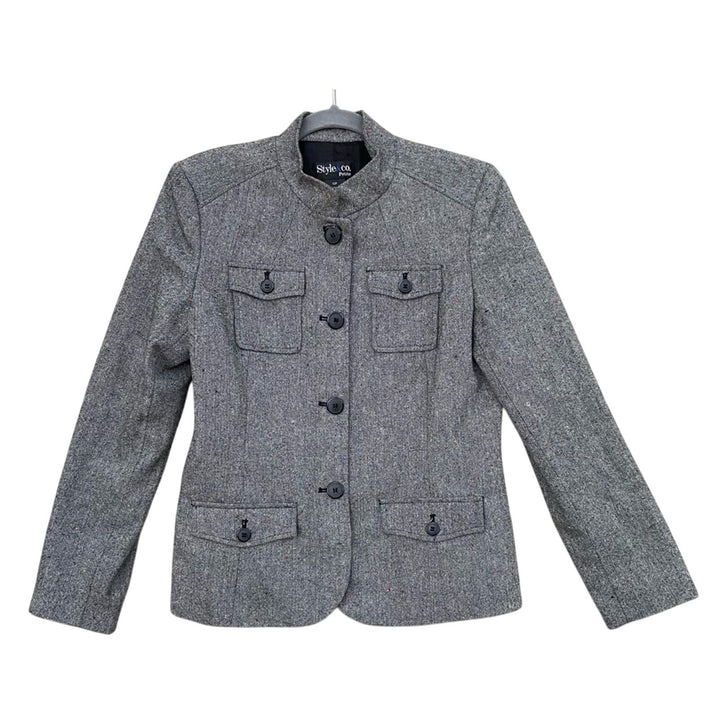 Style &amp; Co. Womens Size 12 Petite Gray Speckled Long Sleeve Button Up Jacket