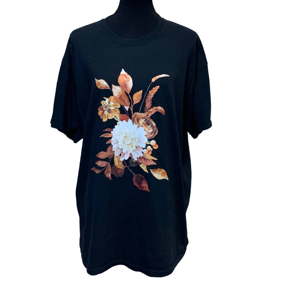 Hand Printed Upcycled XL Fall Leaves Floral Harvest Bouquet 100% Cotton Tee