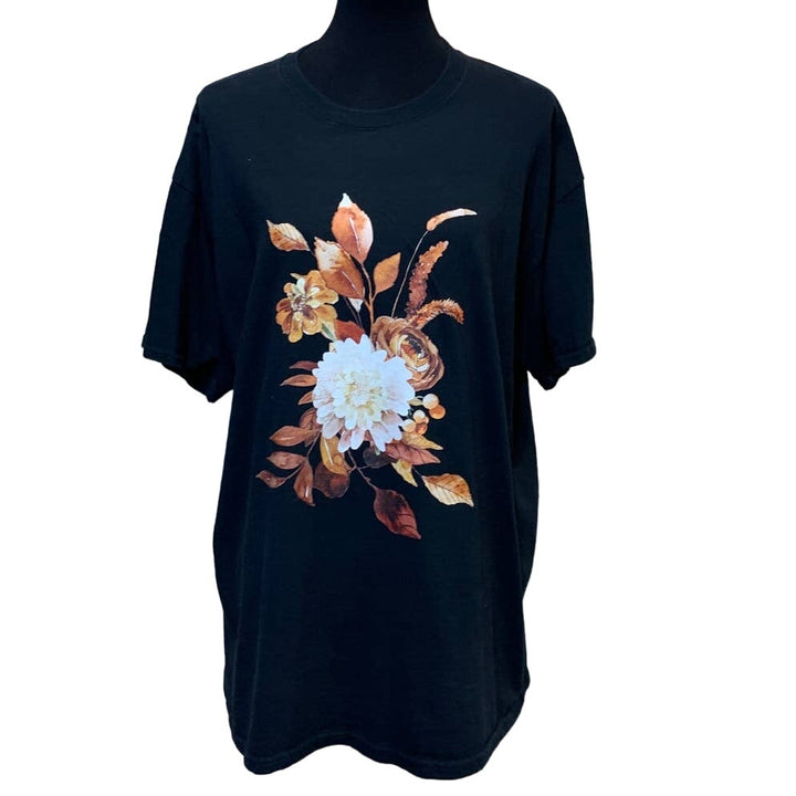 Hand Printed Upcycled XL Fall Leaves Floral Harvest Bouquet 100% Cotton Tee