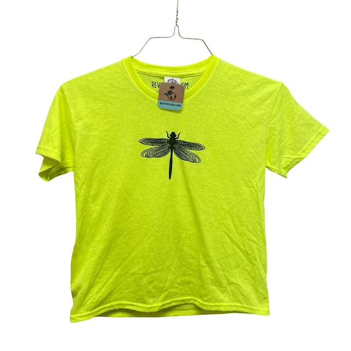 Hand Printed Upcycled Kids Medium Dragonfly Neon Yellow Short Sleeve Tee Shirt