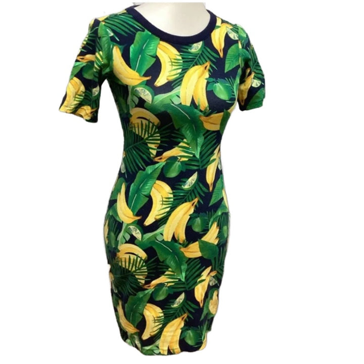 Old Navy Womens XS Banana Lime Fern Body Con Cotton Blend Knee Length Dress