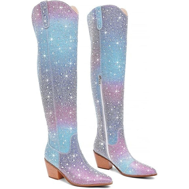 Ronilurn Womens Size 6.5 Rainbow Blue Pink Rhinestone Over the Knee Cowboy Boots2