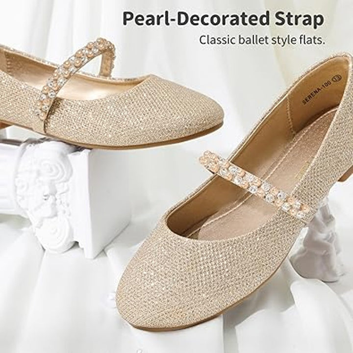 Dream Pairs Big Girls Size 4 Gold Glitter Beaded Mary Jane Ballet Flats Shoes