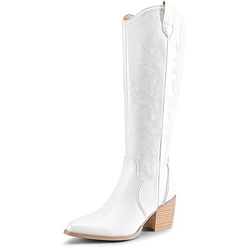 Dream Pairs Womens Size 8 White Faux Leather 3" Block Heel Western Cowboy Boots