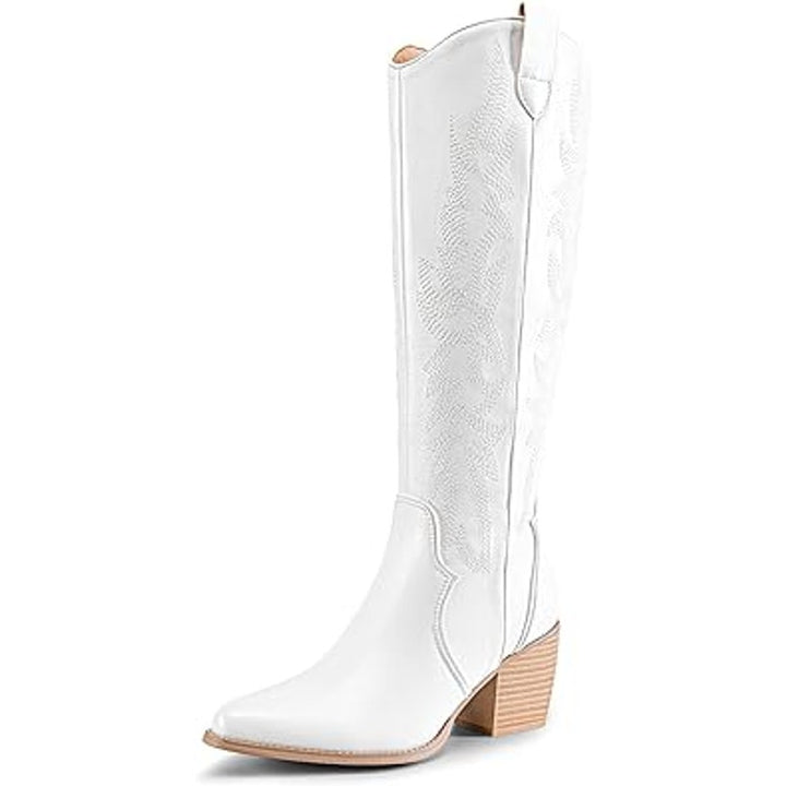 Dream Pairs Womens Size 8 White Faux Leather 3" Block Heel Western Cowboy Boots