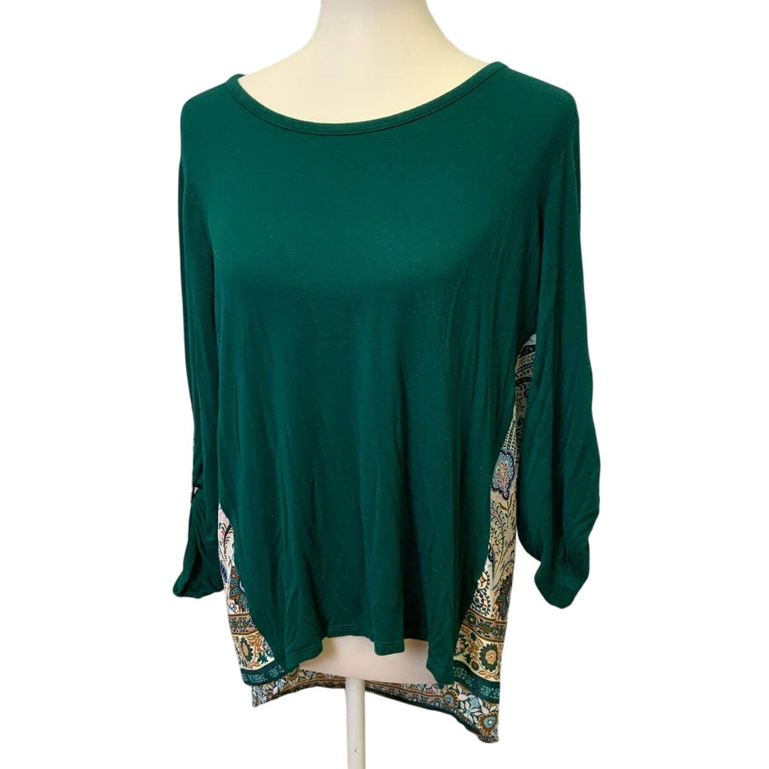 Market &amp; Spruce Medium Ruched Tab Sleeve Boho Print Hi Low Long Blouse Top