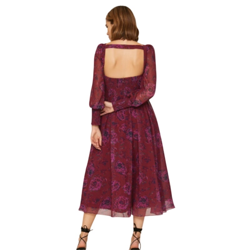 Badgley Mischka Size 6 Pink Purple Floral Flowy Open Back Long Sleeve Midi Dress