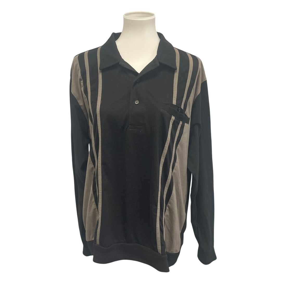Casual Joe Mens XXL Black Gray PolyCotton Striped Long Sleeve Collar Polo Shirt