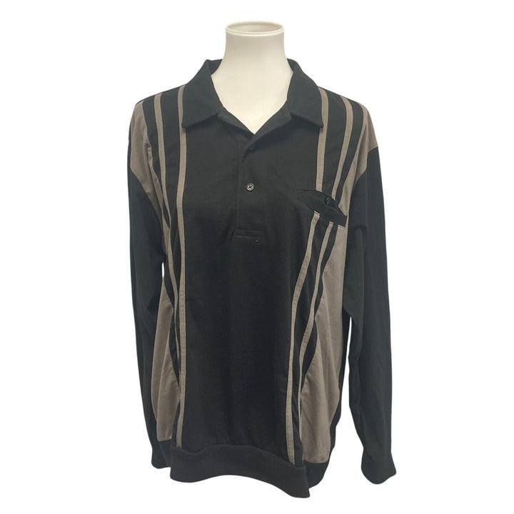 Casual Joe Mens XXL Black Gray PolyCotton Striped Long Sleeve Collar Polo Shirt