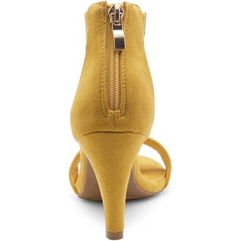 New Herstyle Women 7 Mustard Yellow Faux Suede 3.5" Heel Open Toe Sandals w Flaw