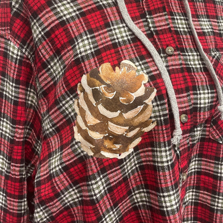 New Hand Printed Womens XXL Rustic Pine Cone Long Sleeve Plaid Flannel Hoodie