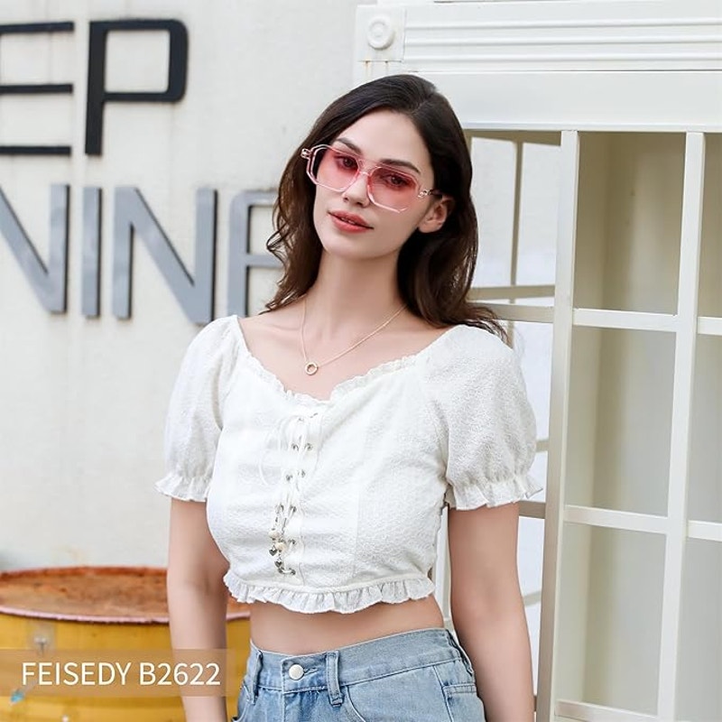 FEISEDY Pink Lens Vintage Square 70s Flat Aviator Sunglasses for Women