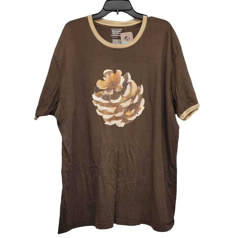 Hand Printed XXL Upcycled Rustic Woody Pine Cone Short Sleeve Crew Neck Tee