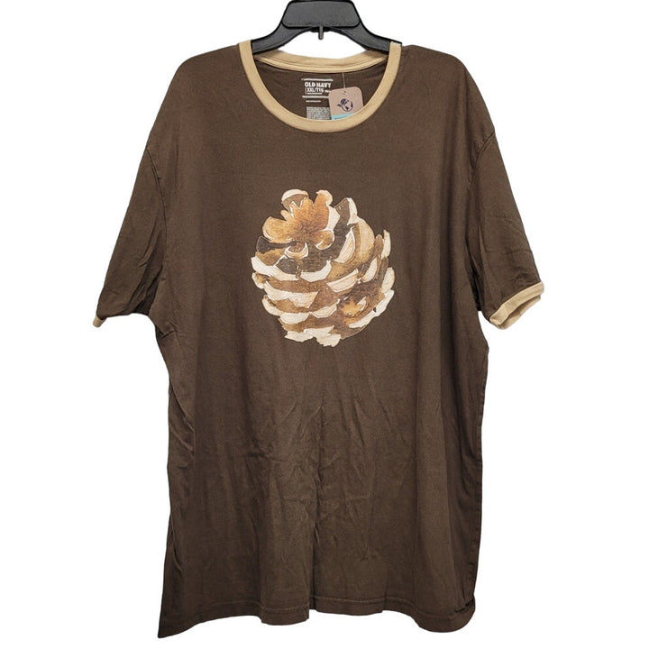 Hand Printed XXL Upcycled Rustic Woody Pine Cone Short Sleeve Crew Neck Tee