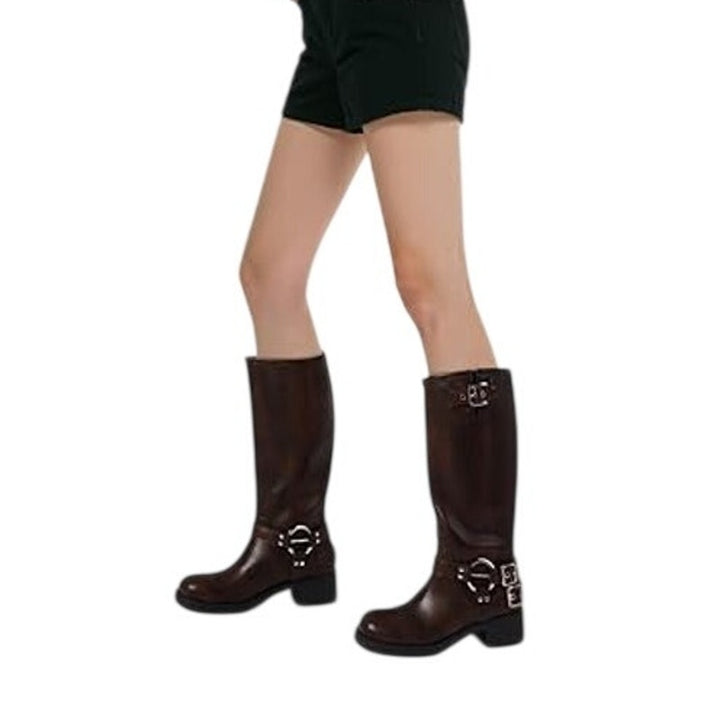 Aminugal Womens Size 7.5 Brown Faux Leather Knee High Square Toe Pull On Boots