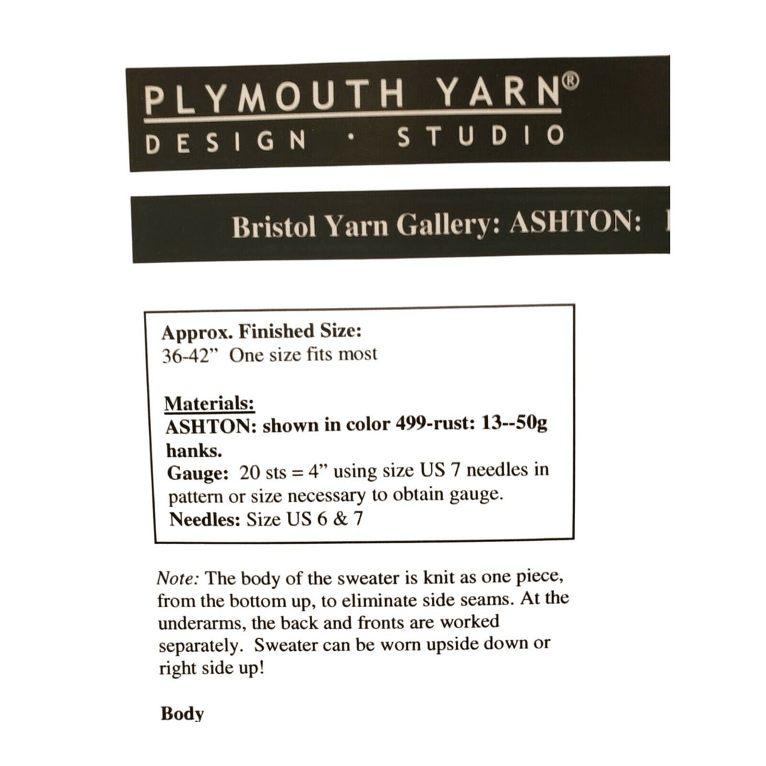 New 2008 Bristol Yarn 1393 Ladies Upside Down Ashton Sweater Knitting Pattern