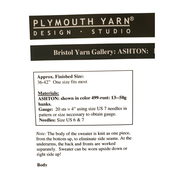 New 2008 Bristol Yarn 1393 Ladies Upside Down Ashton Sweater Knitting Pattern
