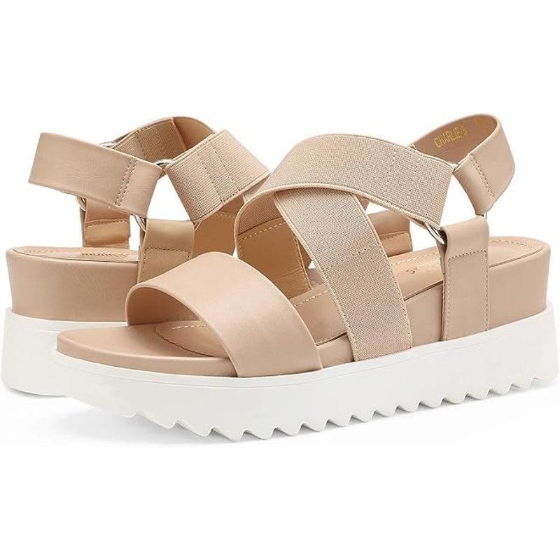 Dream Pairs Womens Size 11 Tan White Elastic Ankle Strap 2.5" Platform Sandals
