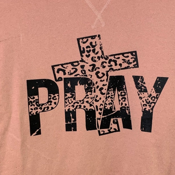 Upcycled Hand Printed Womens Large Pink Ruffled Sleeve Jesus Pray Sweatshirt