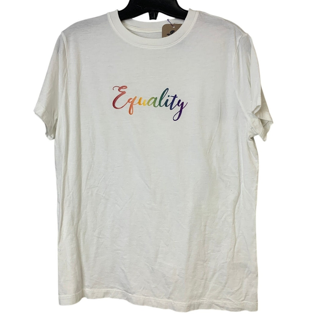 Upcycled Hand Printed Womens Large Rainbow Equality Short Sleeve Tee Shirt