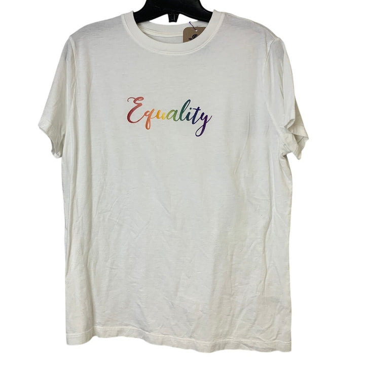 Upcycled Hand Printed Womens Large Rainbow Equality Short Sleeve Tee Shirt
