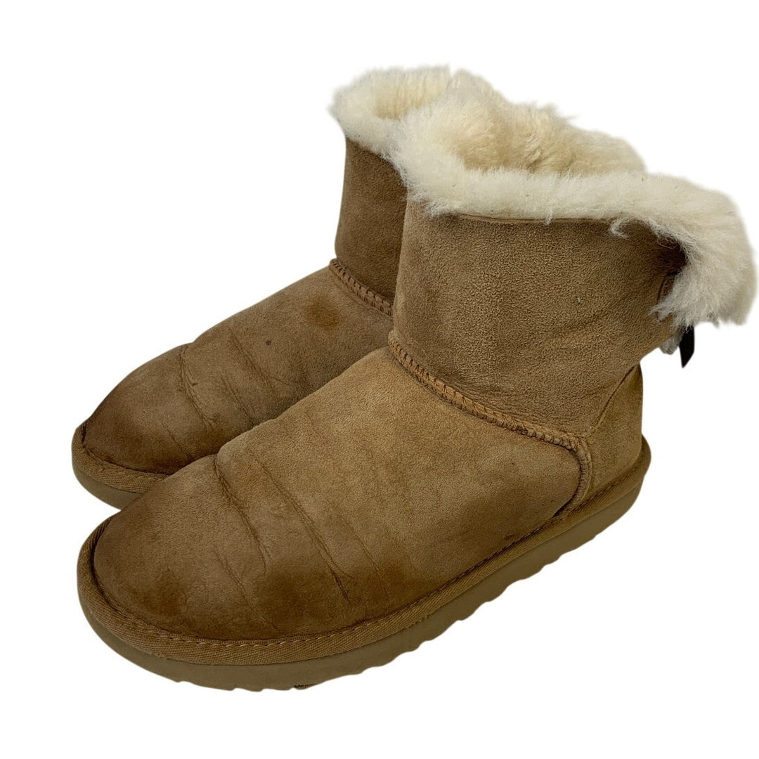 Ugg Womens Size 7 Tan Ankle Boots Mini Back Bow Fur Lined Round Toe Shoes