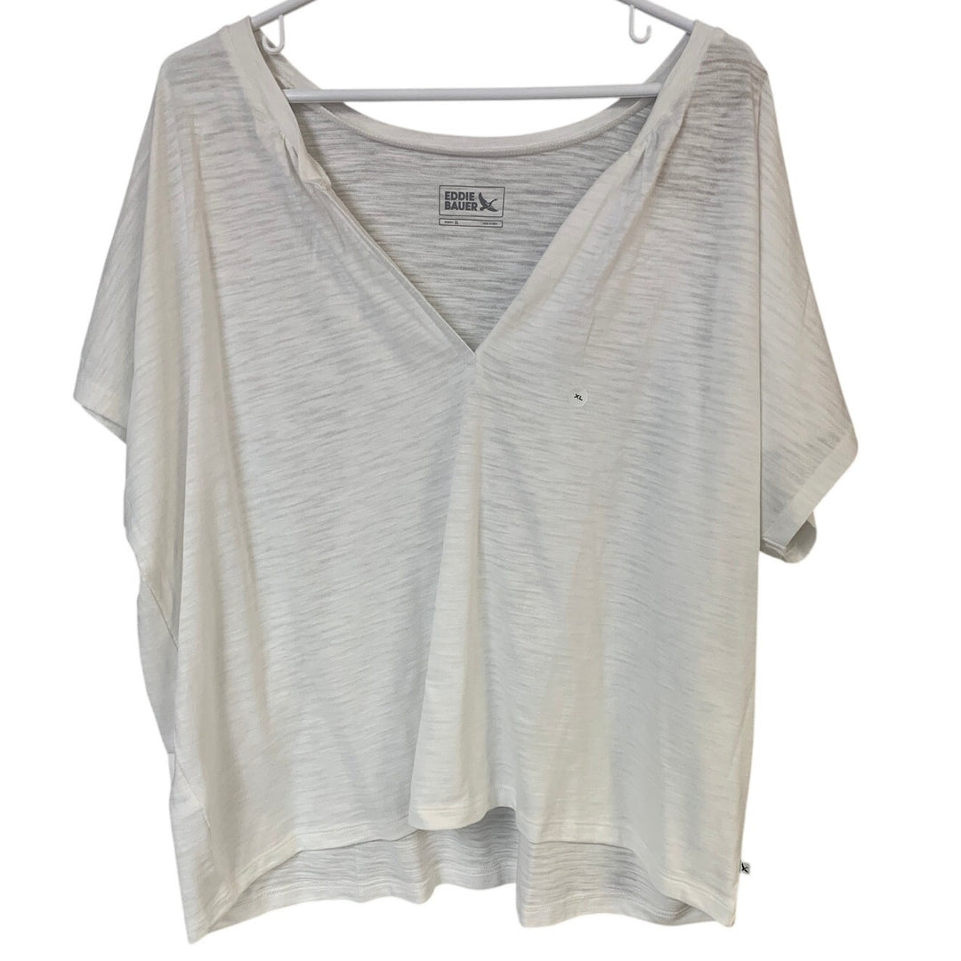 New Eddie Bauer Womens XL White Sunny Slub Short Sleeve Notch VNeck Tee Shirt