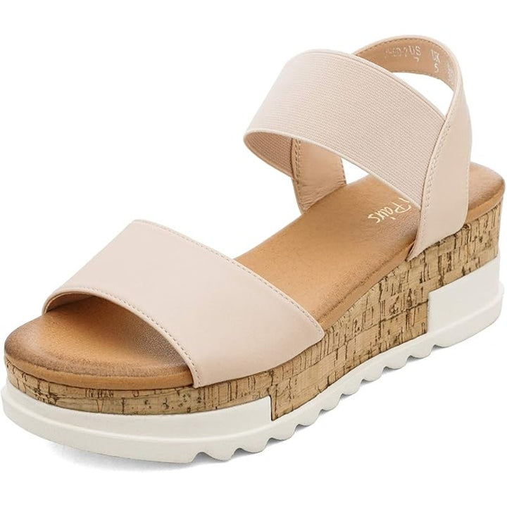 Dream Pairs Womens 8.5 Tan Elastic Ankle Strap Open Toe 2.5" Platform Sandals