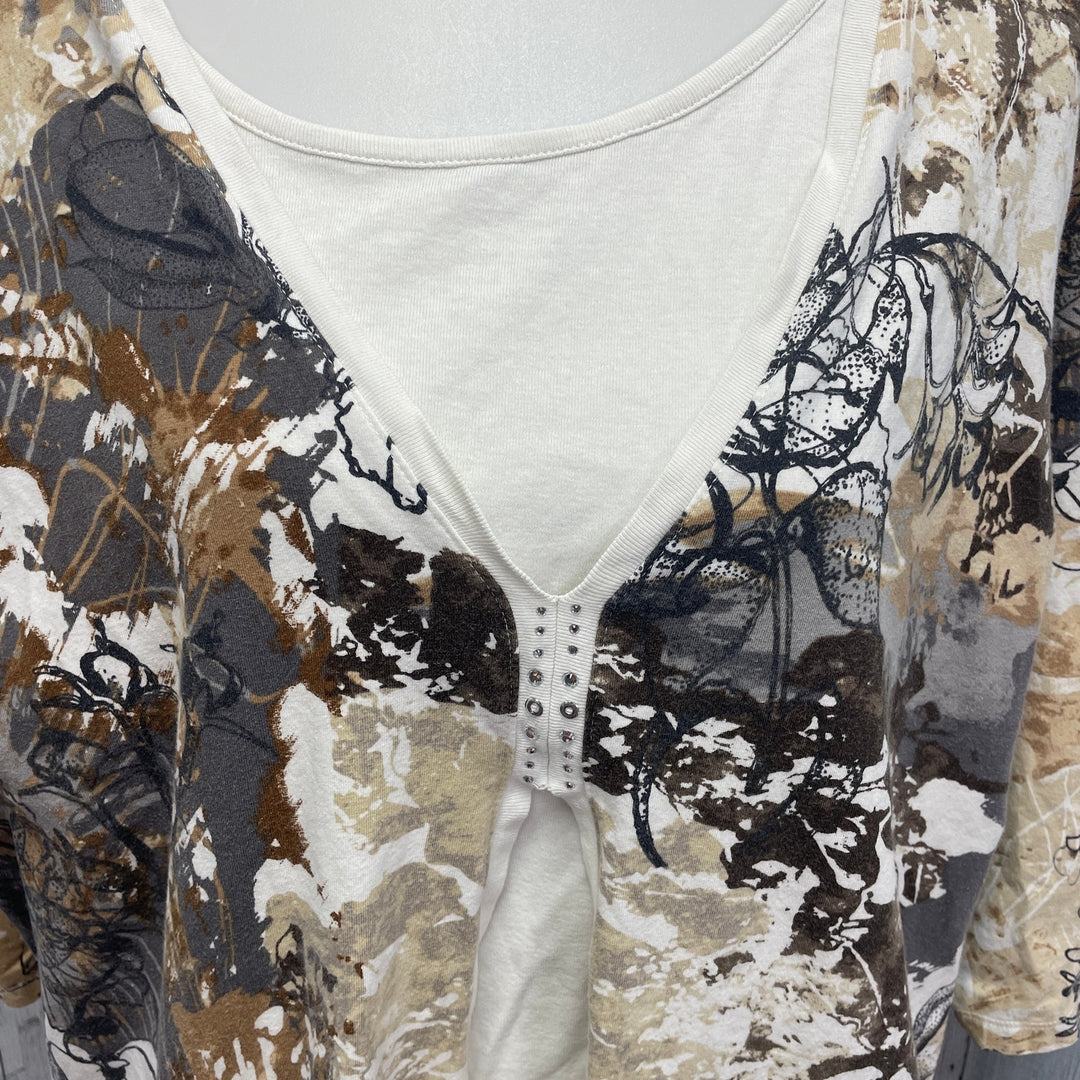 CJ Banks Womens 3X Layered Look Half Sleeve Cotton Blend Floral Paint Tee Shirt