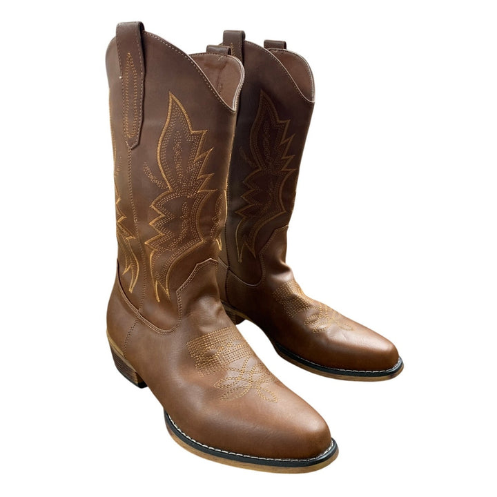 IUV Womens Size 9.5 Brown Faux Leather 1.5" Block Heel Embroidered Cowboy Boots