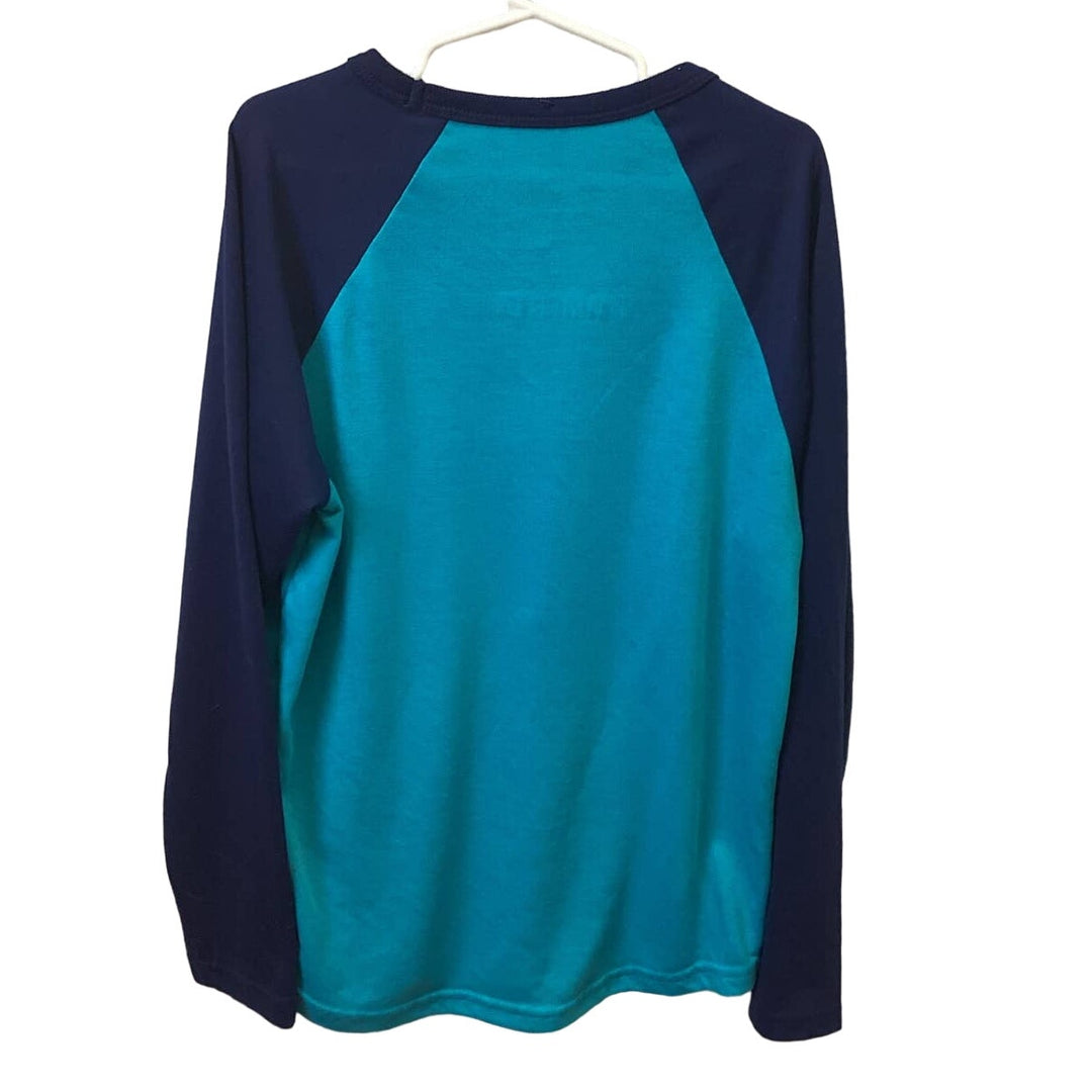Hand Printed Upcycled Youth Medium Earth Globe Long Sleeve Raglan Tee Shirt