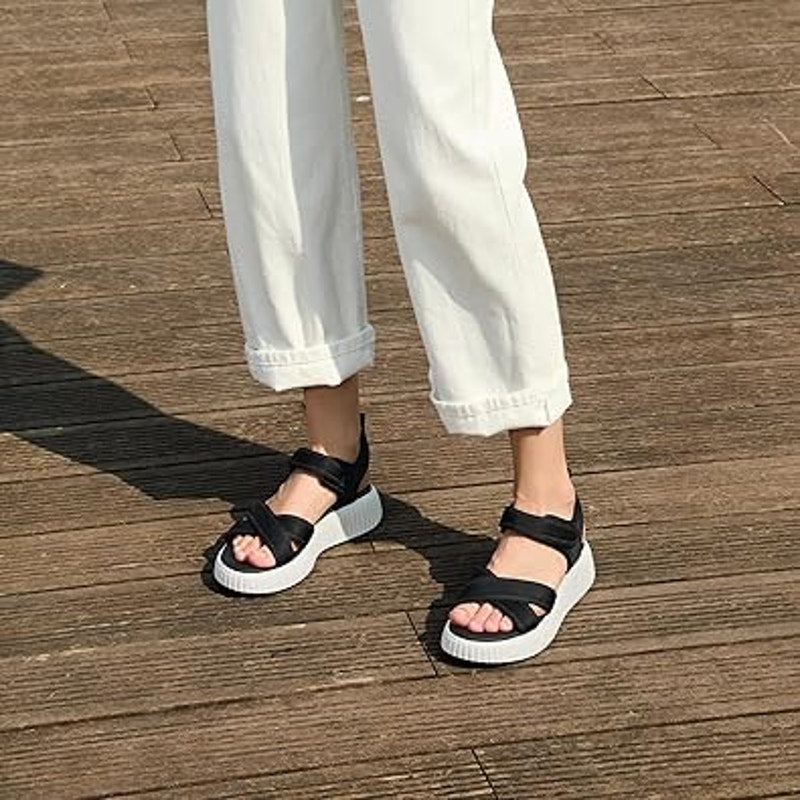 New Rihero Womens 9.5 Black White Hook Loop Strap Comfort Platform Sandal Shoes