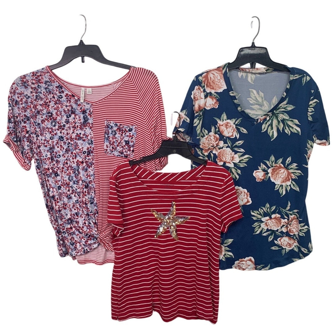 Lot of 3 Womens Large Floral Beach Starfish Short Sleeve Summer Tops Shirts