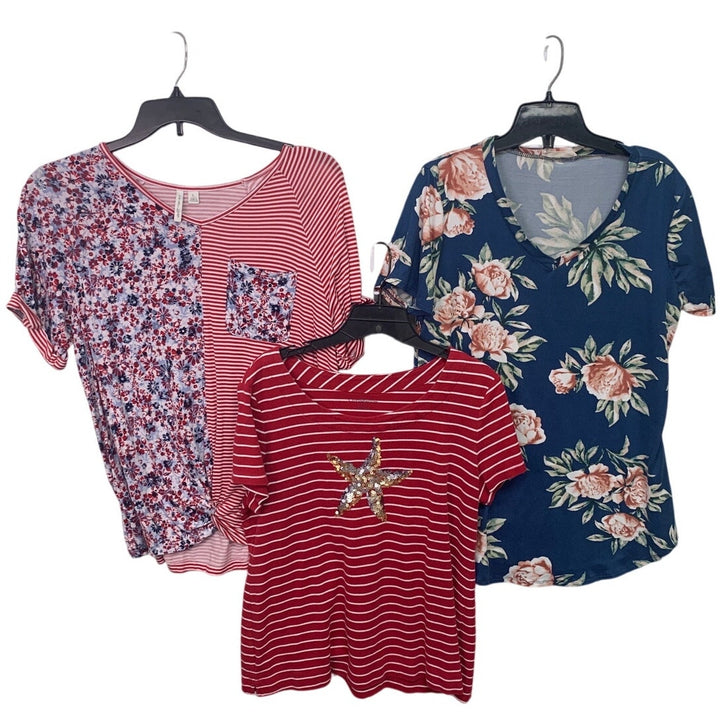 Lot of 3 Womens Large Floral Beach Starfish Short Sleeve Summer Tops Shirts