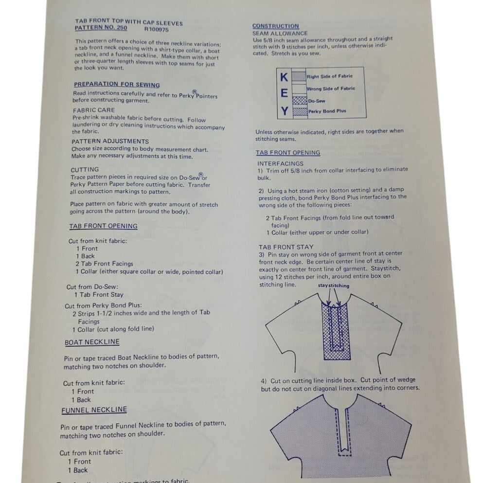 1974 Stretch &amp; Sew 250 Tab-Front Cap-Sleeve Top Sewing Pattern, Complete &amp; Uncut